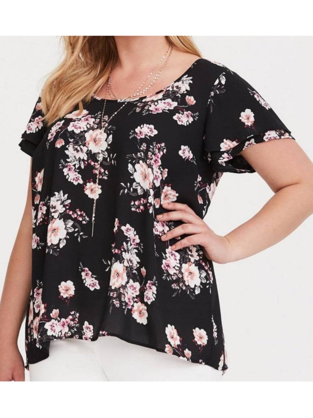 🔴 4/$15 torrid Women’s 3X Black Pink Floral Georgette Flutter Sleeve Top in EUC